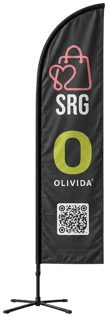 Exempel på beachflagga med SRG- och OLIVIDA-design